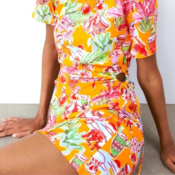 ZARA Orange Tropical Print Side Cutout Mini Dress - Picture 4 of 9